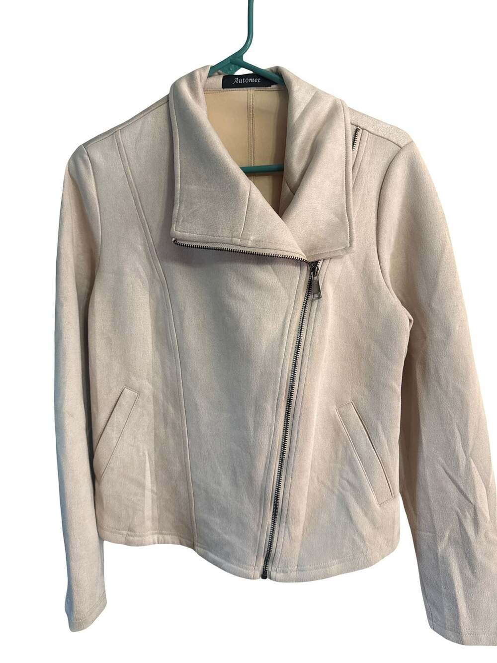 Automet Faux Suede Moto Jacket Beige Asymmetric Zip